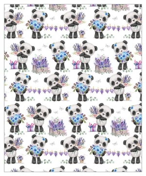 A seamless pattern of panda bears holding bouquets of flowers.