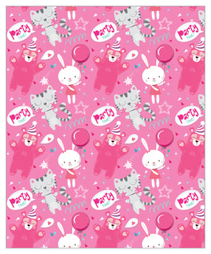 A pink background with animals and the words "party time."
