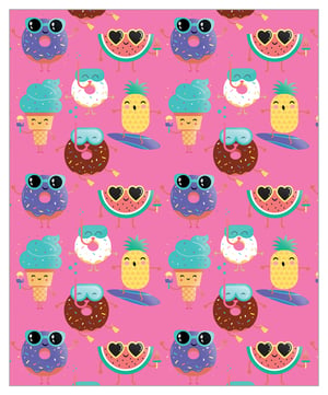 A seamless pattern of donuts, pineapples, and watermelons is on a pink background.