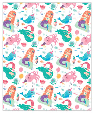 A seamless pattern of mermaids, octopuses, and whales on a white background.