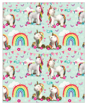 There are no grammatical errors in the sentence: "A pattern of unicorns and rainbows on a blue background."