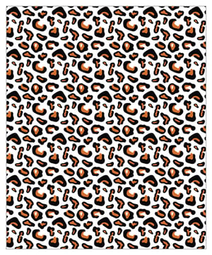 A leopard print with orange and black spots is on a white background.