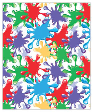 A seamless pattern of colorful paint splashes on a white background.
