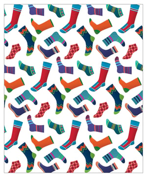 A pattern of colorful socks is on a white background.