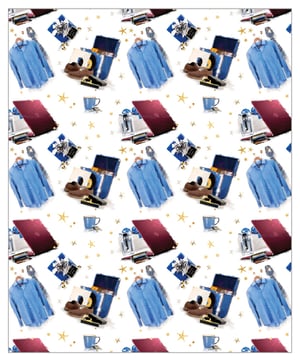 A seamless pattern of men's clothing, including shirts and a laptop.