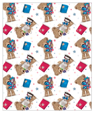 A seamless pattern of teddy bears holding gifts with the word "teddy" on them.