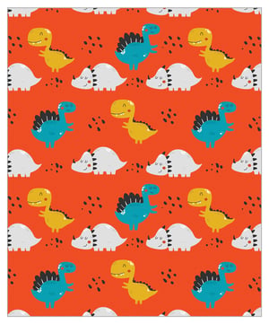 A seamless pattern of colorful dinosaurs on the red background.