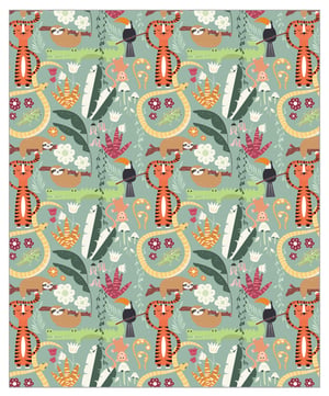 A seamless pattern with tigers and monkeys on a blue background.