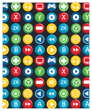 A seamless pattern of colorful buttons with the letters ZR on them.
