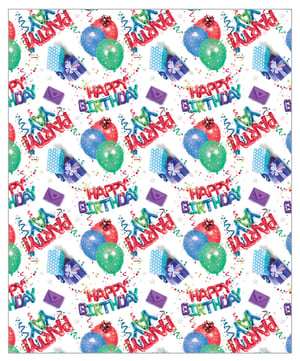 A birthday wrapping paper that says "Happy Birthday."