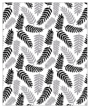 A black and white pattern of leaves on a white background.