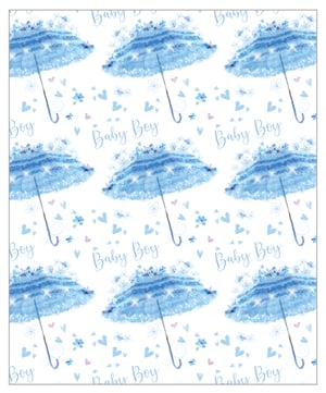 A baby boy wrapping paper with blue umbrellas and hearts.
No correction needed.