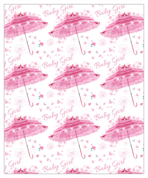 A baby girl wrapping paper with pink umbrellas and hearts.