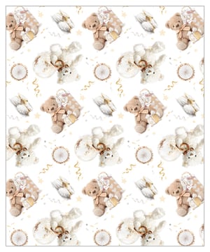 A seamless pattern of teddy bears and gifts on a white background.