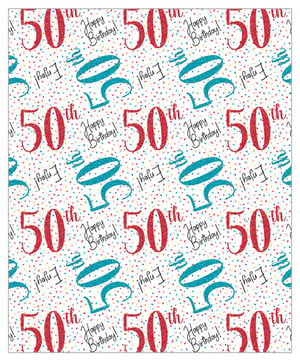 A 50th birthday wrapping paper that says "Happy Birthday."