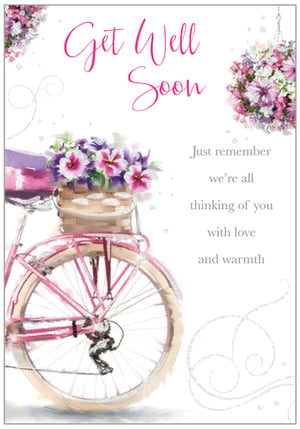 A "Get Well Soon" card with a bicycle and flowers.