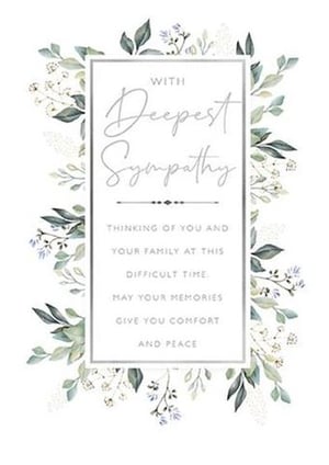 Offer your customers a truly heartfelt way to express their condolences with this beautiful Sympathy card from Paper Rose. Featuring a delicate watercolour design of soft botanical foliage and subtle floral accents, this card provides a gentle and comforting aesthetic. The elegant script and thoughtful message inside convey 'With Deepest Sympathy, Thinking of you and your family at this difficult time. May your memories give you comfort and peace.' Perfect for those seeking a sensitive and respectful tribute, this card is designed to offer solace. Available in a convenient pack of 6, it's an essential addition to your greeting card selection.