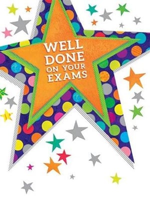 A well-done-on-your-exams card with a colorful star and stars.
