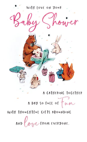 A baby shower card with a bear, rabbit, and fox.