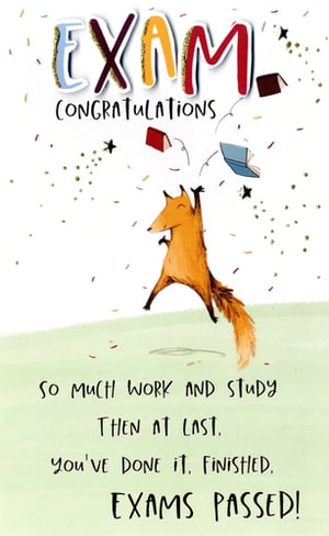 An exam congratulations card with a fox jumping in the air.