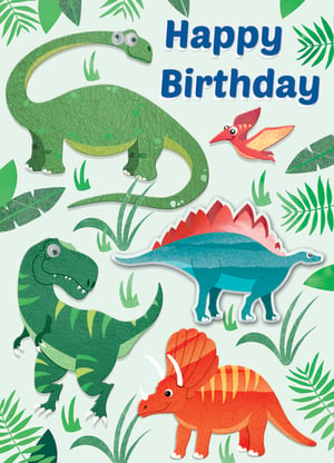 A birthday card with dinosaurs and the words "Happy Birthday".