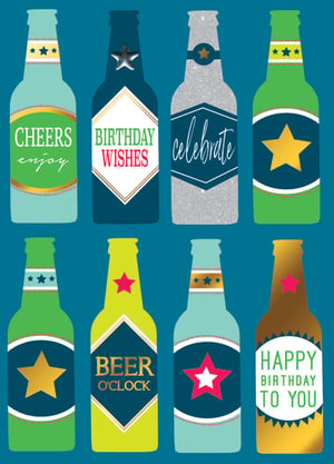Bottles of beer with labels that say "cheers," "enjoy," "celebrate," "birthday wishes," "beer o'clock," and "happy birthday to you."