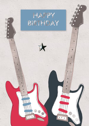 A happy birthday card with two guitars and a star.