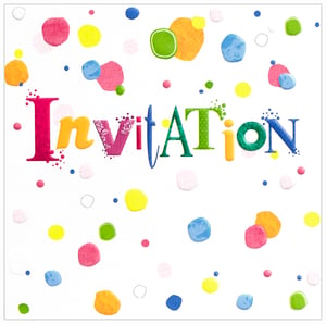 The word "invitation" is on a white background with colorful dots.