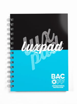 A black and blue notebook with "bac off" written on it.