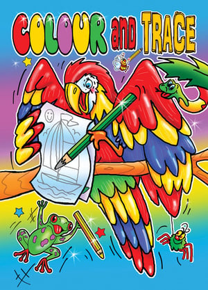 A color and trace book with a parrot holding a pencil.