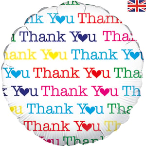 A balloon that says "thank you" in different colors.