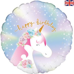 A birthday balloon with a unicorn on it that is happy.
