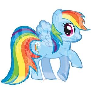 A blue pony with a mane and tail that are rainbow-colored.