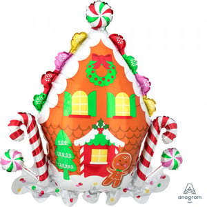 a gingerbread house shaped balloon with candy canes and a gingerbread man