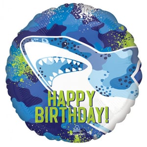 A happy birthday balloon with a shark on it.