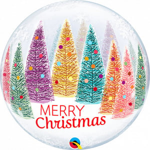 A Merry Christmas balloon with trees on it.