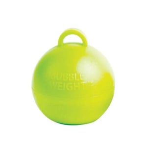 A yellow bubble weight with a handle on a white background.