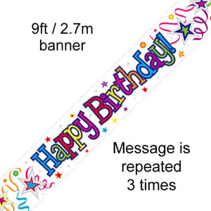 A banner that says "Happy Birthday" is repeated three times.