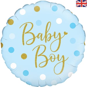 A baby boy balloon with blue and white polka dots.