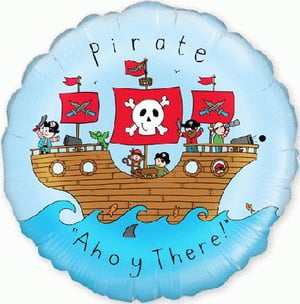 A blue balloon with a pirate ship on it.
