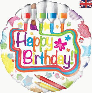 A happy birthday balloon with brushes and pencils on it.