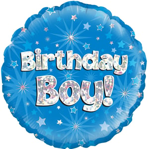 A blue balloon that says "birthday boy" on it.