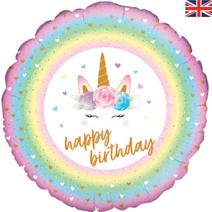 A happy birthday balloon with a unicorn on it.