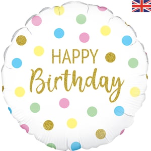 A happy birthday balloon with colorful polka dots correct.