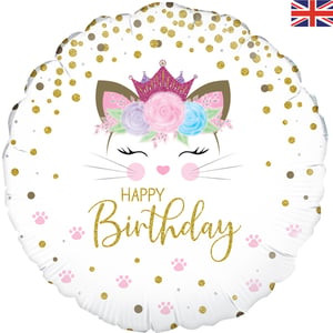 A happy birthday balloon with a cat wearing a crown.