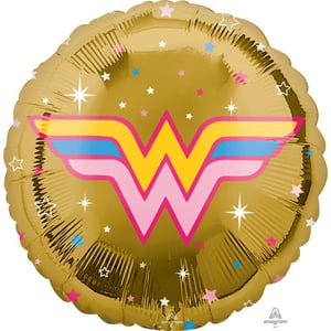 A gold foil balloon with a Wonder Woman logo on it.