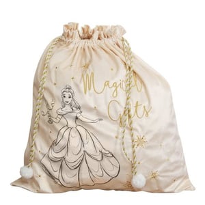 A drawstring bag with a drawing of Belle on it.