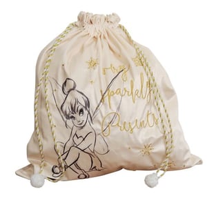 A drawstring bag with a Tinkerbell design on it.