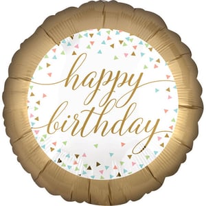 Make every birthday celebration shine with our stunning 18" Happy Birthday Gold With Confetti foil balloon! This elegant round balloon features a luxurious gold border framing a crisp white centre. Adorned with a beautifully scripted 'happy birthday' message in shimmering gold, it's perfectly complemented by a scattering of delightful pastel confetti triangles.

The chic design, combining classic gold with a playful confetti pattern, makes this balloon a versatile and eye-catching addition to any party decor. It's ideal for adding a touch of sophistication and joy to any age or theme.

Supplied individually, these 18-inch balloons are ready to inflate and impress. A must-have for your party supplies collection, ensuring your customers can create truly memorable birthday moments.