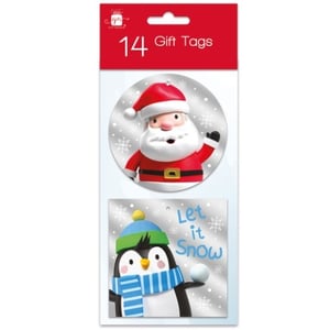 A package contains 14 gift tags with Santa Claus and a penguin on them.